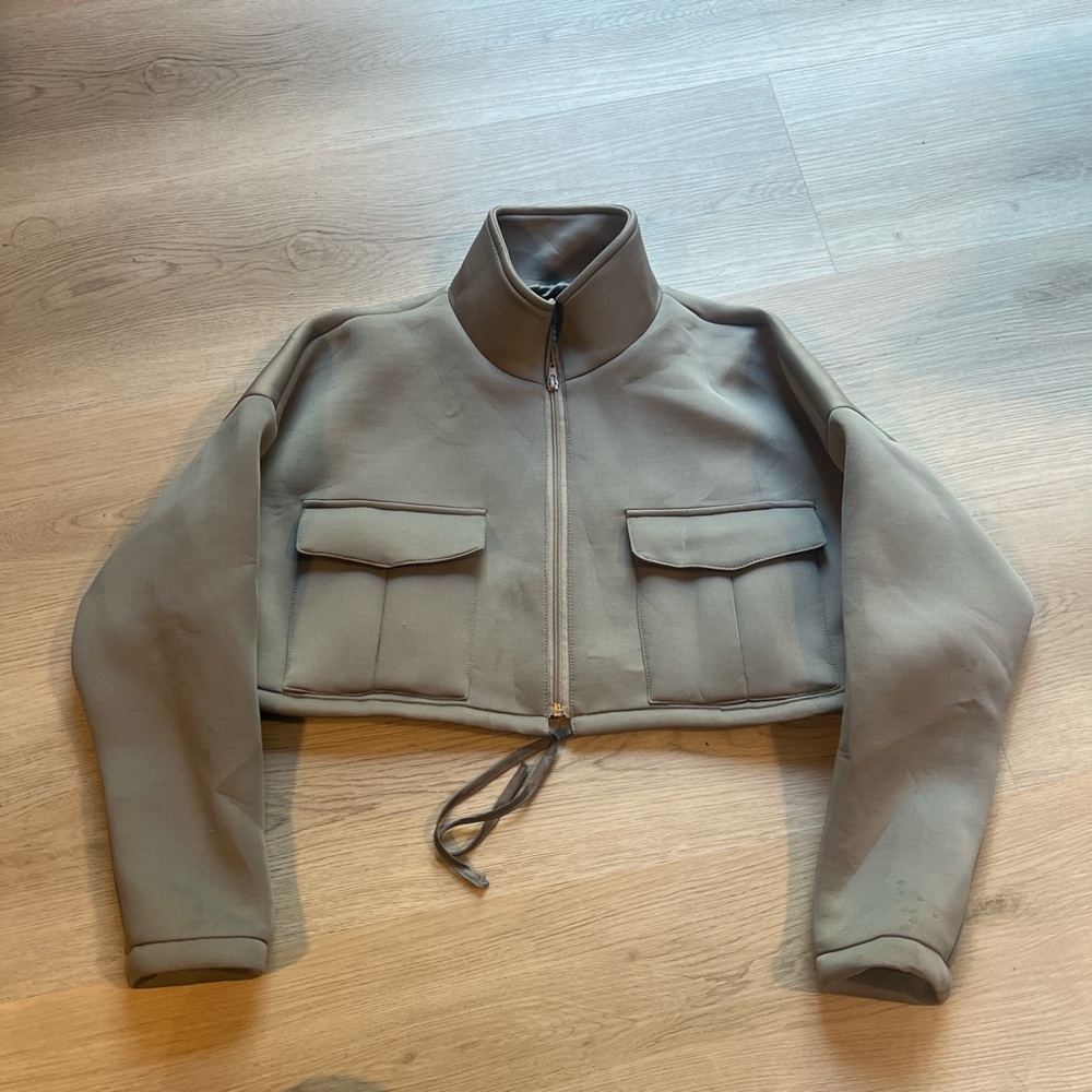 SHEIN grey drop shoulder cropped zip up jacket with drawstring